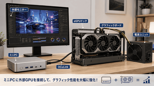 OCuLinkでミニPCに外付けGPUを接続したeGPU構成。ミニPC、eGPUドック、グラフィックボード、電源ユニット、外部モニターを接続している様子。